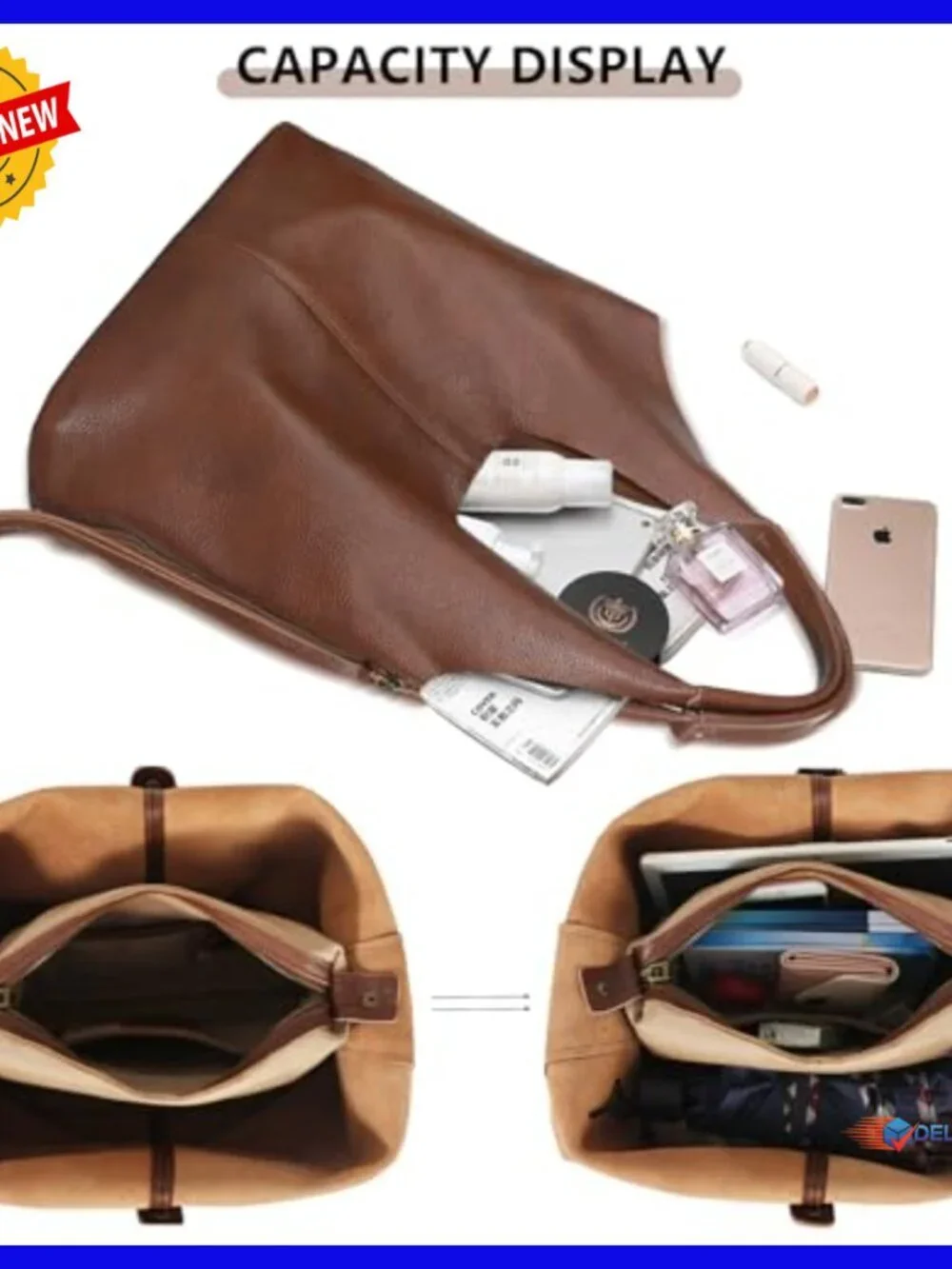 Large Genuine Leather Hobo Tote Bag with Detachable Organizer